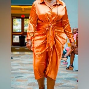 Burnt Orange Button Down Tie Front Satin Dress -2X- Worn Once